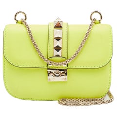Valentino Neon Green Leather Small Rockstud Glam Lock Flap Bag
