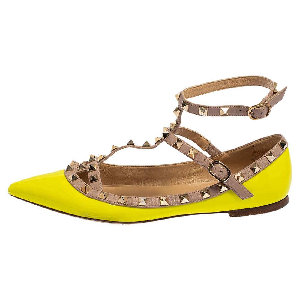 Valentino Neon Green Patent And Leather Rockstud Ankle Strap Ballet Flats Size 3