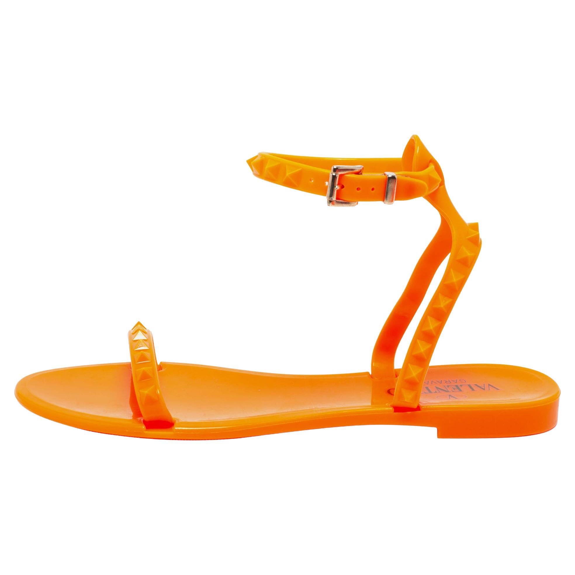 Valentino Neon Orange Jelly Rockstud Ankle-Strap Flats Size 36 For Sale at  1stDibs