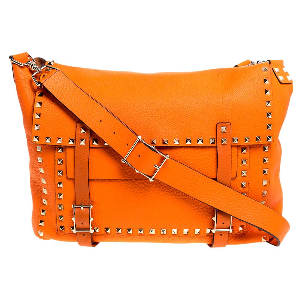 Valentino Neon Orange Leather Rockstud Messenger Bag