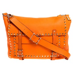 Valentino Neon Orange Leather Rockstud Messenger Bag