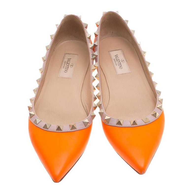 Valentino Neon Orange Leather Rockstud Pointed Toe Ballet Flats Size 36 ...