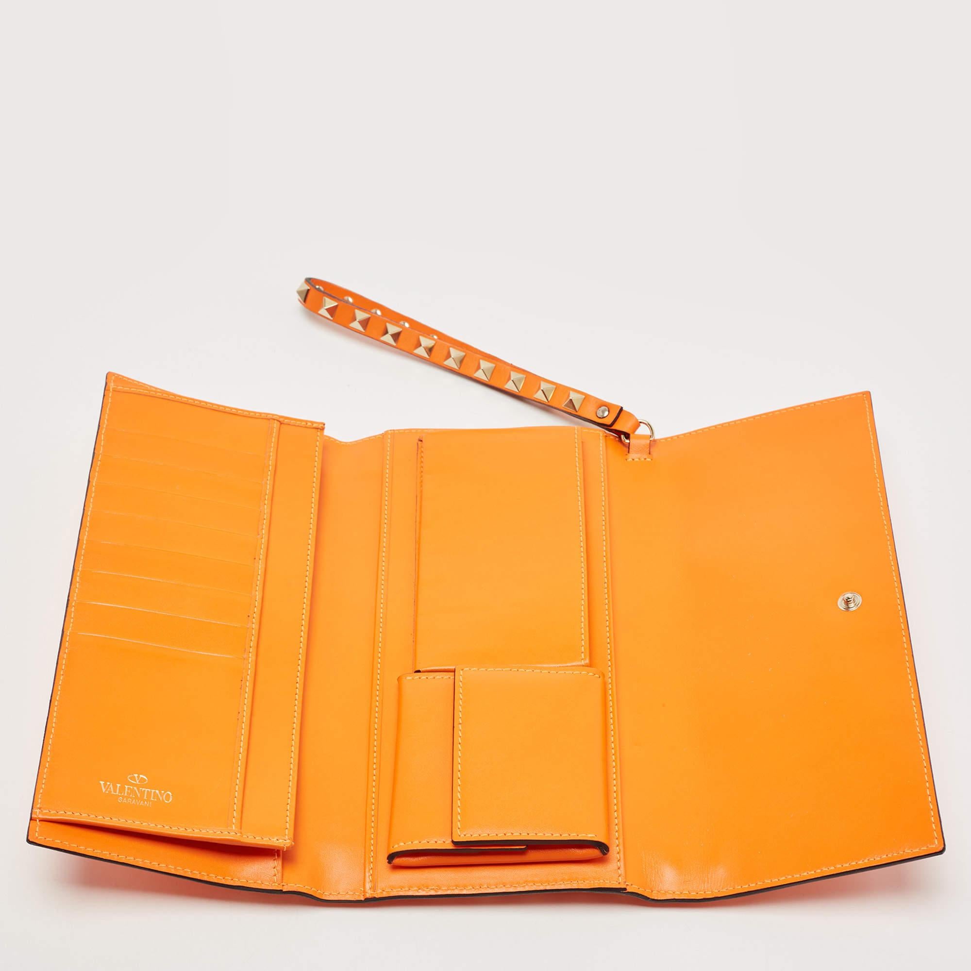 Valentino Neon Orange Leather Rockstud Trifold Wristlet Clutch 8