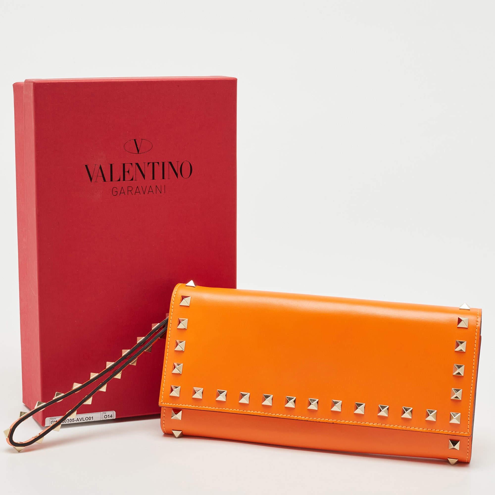 Valentino Neon Orange Leather Rockstud Trifold Wristlet Clutch 9