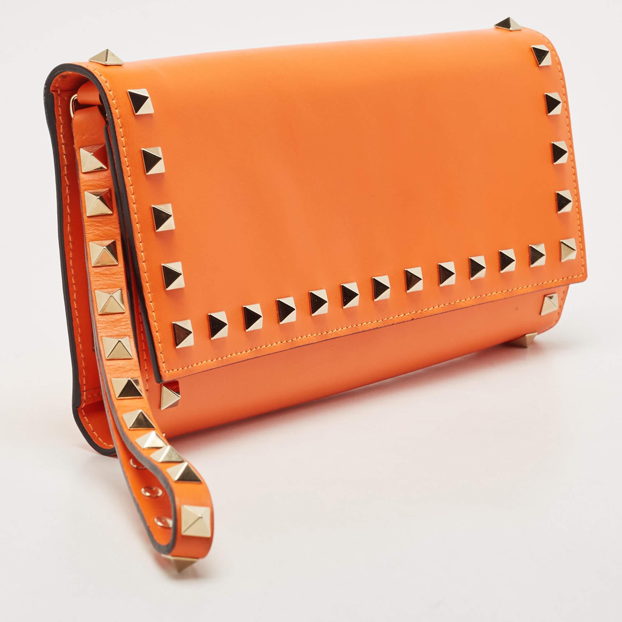 Women's Valentino Neon Orange Leather Rockstud Trifold Wristlet Clutch