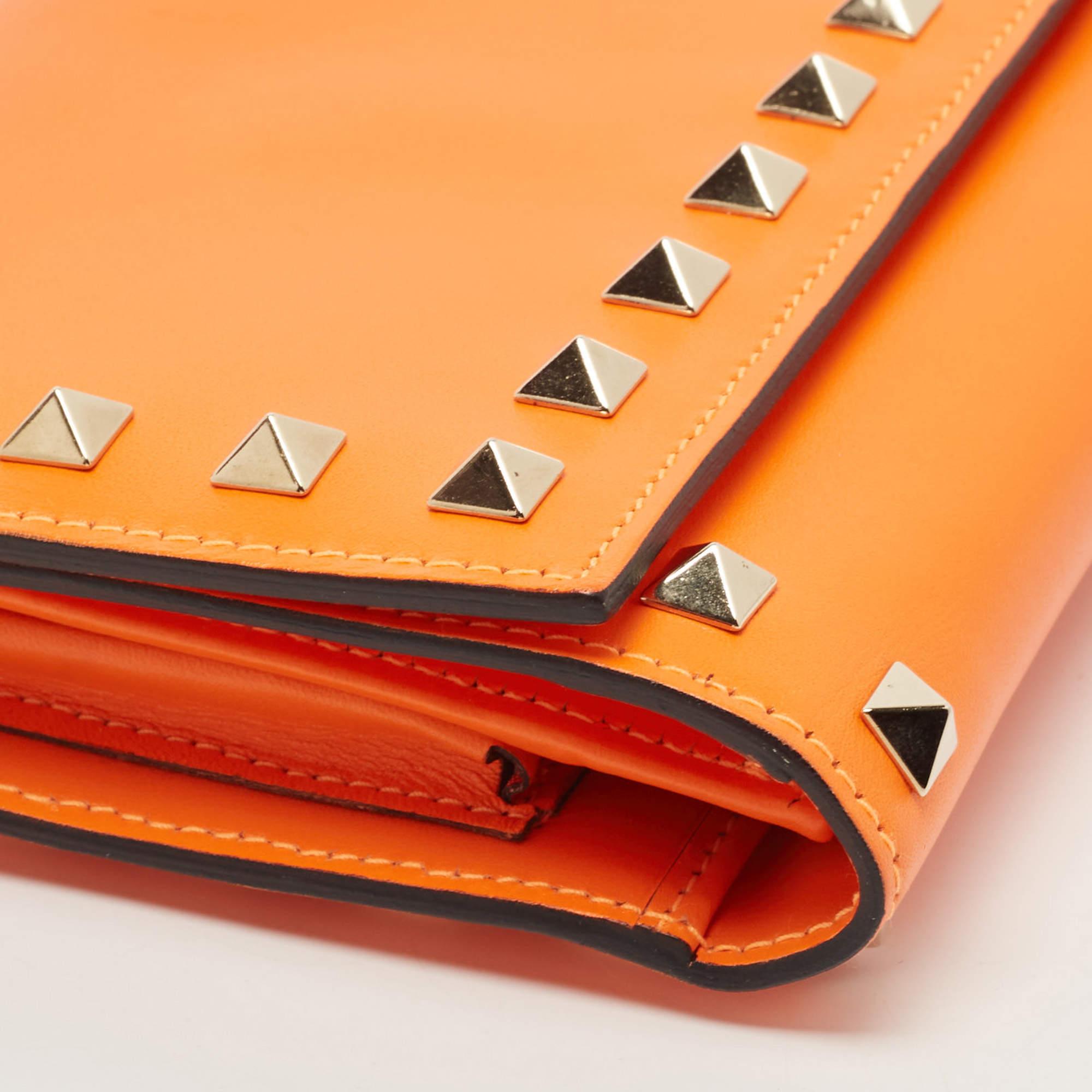 Valentino Neon Orange Leather Rockstud Trifold Wristlet Clutch 2