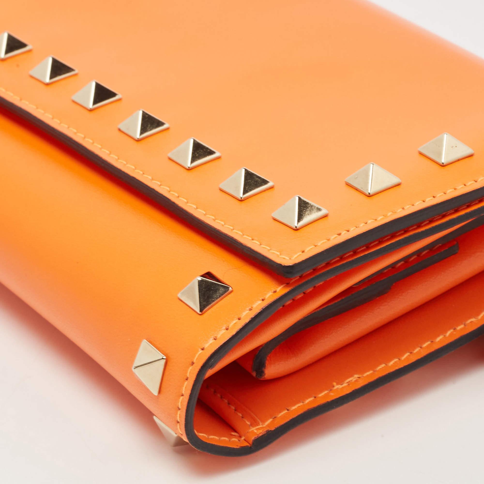 Valentino Neon Orange Leather Rockstud Trifold Wristlet Clutch 3