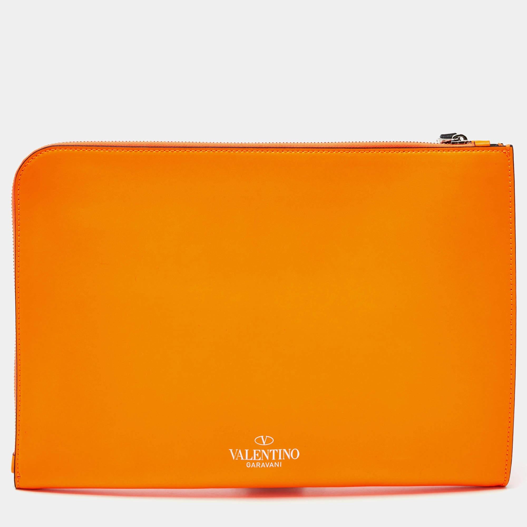 Valentino Neon Orange Leather VLTN Document Case 6