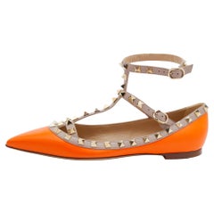 Valentino Neon Orange/Pink Leder Rockstud Ankle Strap Ballett Flats Größe 37,5
