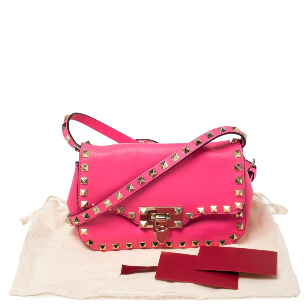 Valentino Neon Pink Leather Mini Rockstud Flap Crossbody Bag 4