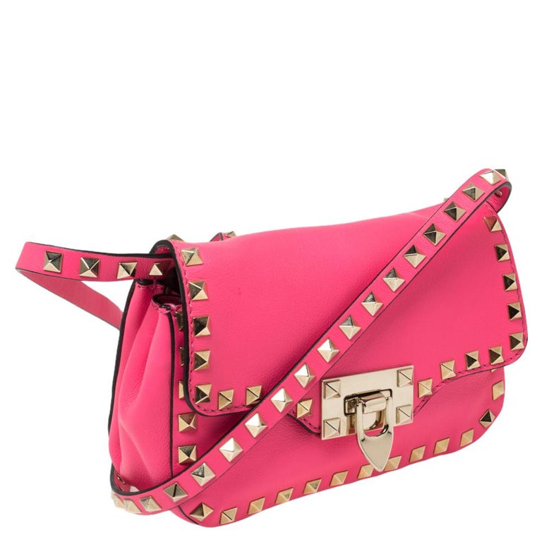 VALENTINO Rockstud bright pink gold stud bordered flap chain crossbody bag  at 1stDibs