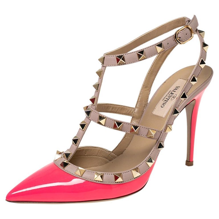 Valentino Neon Pink Leather Rockstud Ankle-Strap Pumps Size 37.5 at 1stDibs