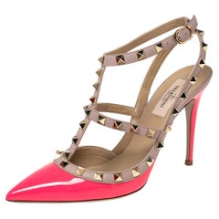 Valentino Neon Pink Leather Rockstud Ankle-Strap Pumps Size 37.5