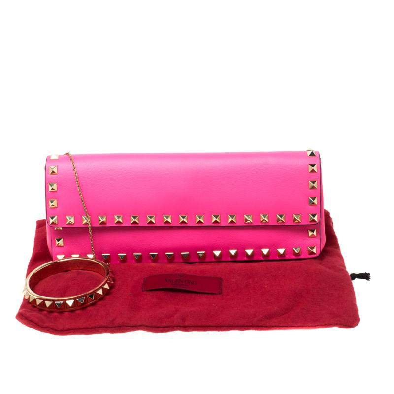 Valentino Neon Pink Leather Rockstud Bracelet Clutch 5