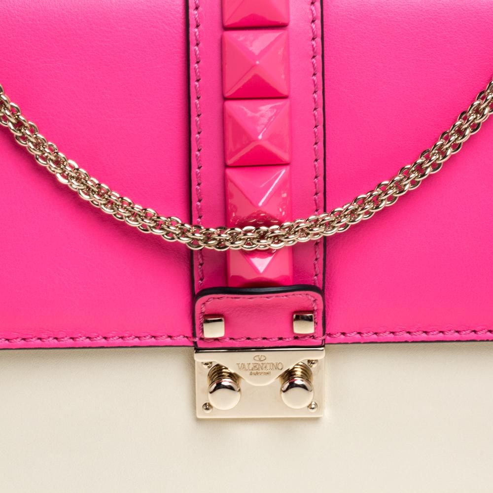 Valentino Neon Pink/White Leather Rockstud Medium Glam Lock Flap Bag 6