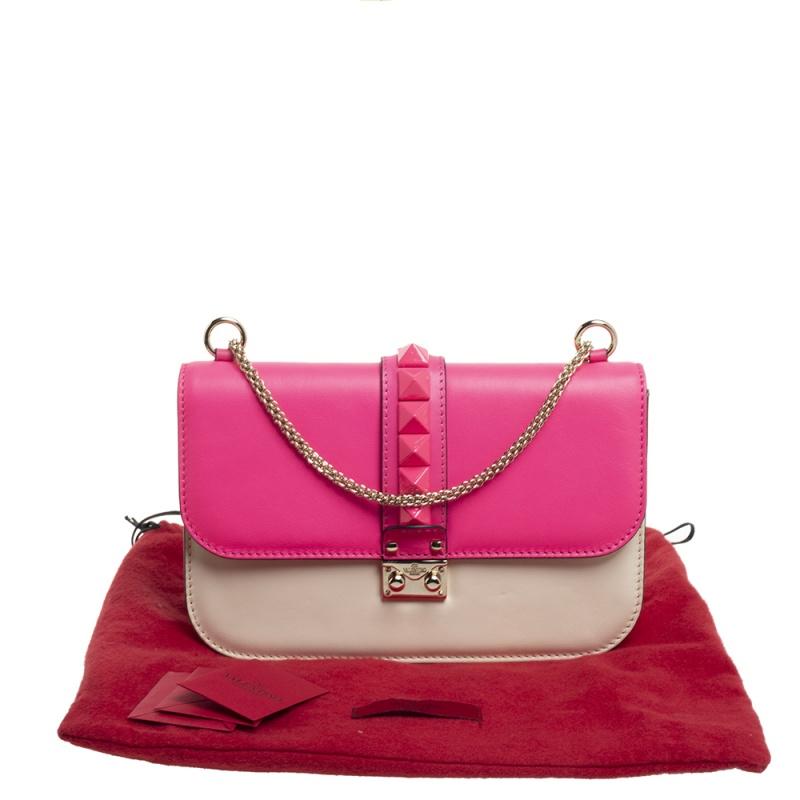 Valentino Neon Pink/White Leather Rockstud Medium Glam Lock Flap Bag 7