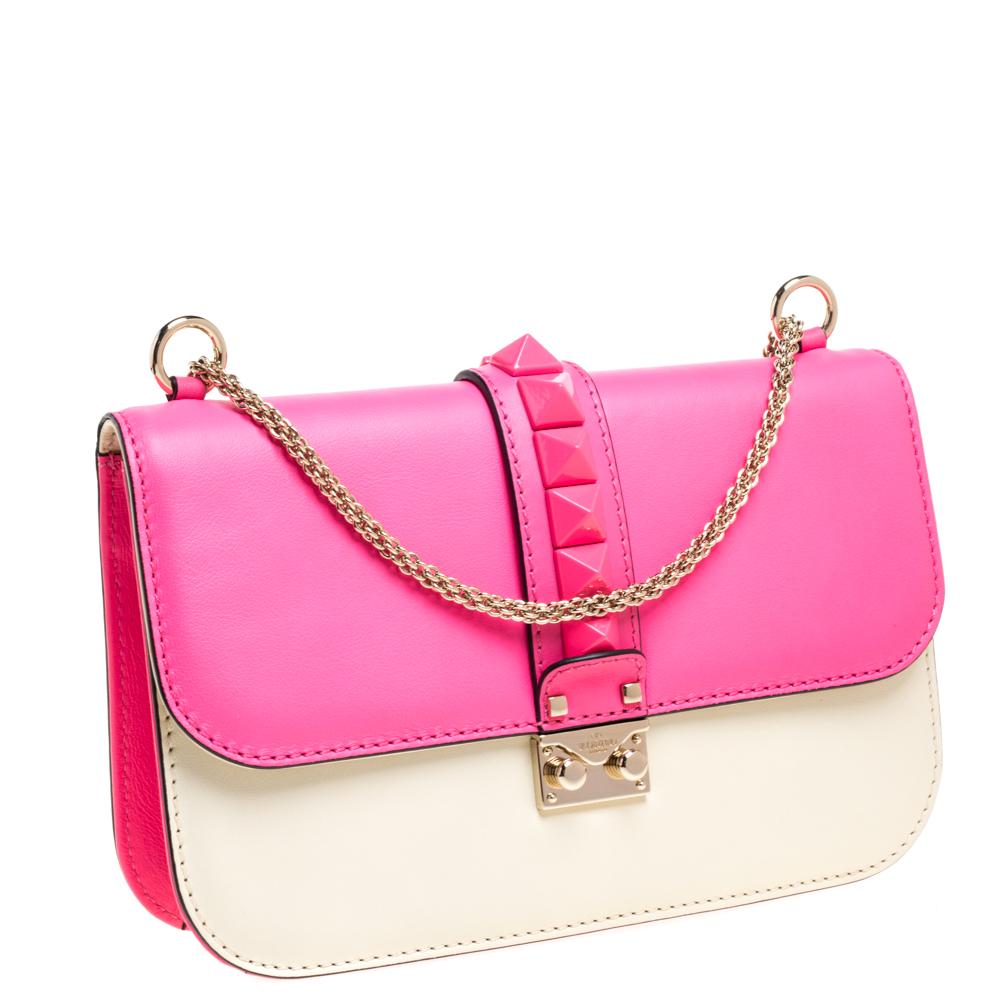 Valentino Neon Pink/White Leather Rockstud Medium Glam Lock Flap Bag In Good Condition In Dubai, Al Qouz 2