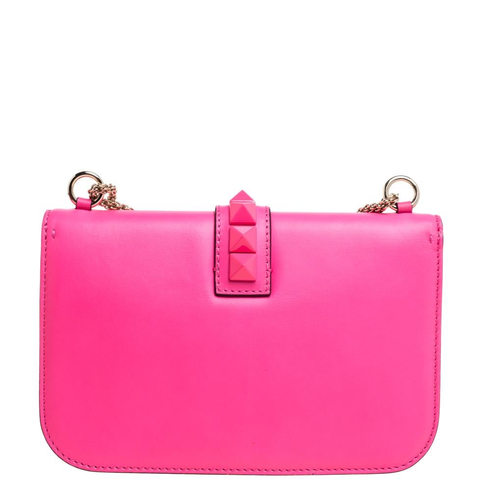 Women's Valentino Neon Pink/White Leather Rockstud Medium Glam Lock Flap Bag