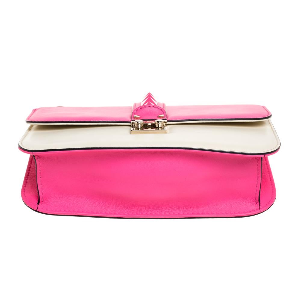 Valentino Neon Pink/White Leather Rockstud Medium Glam Lock Flap Bag 1