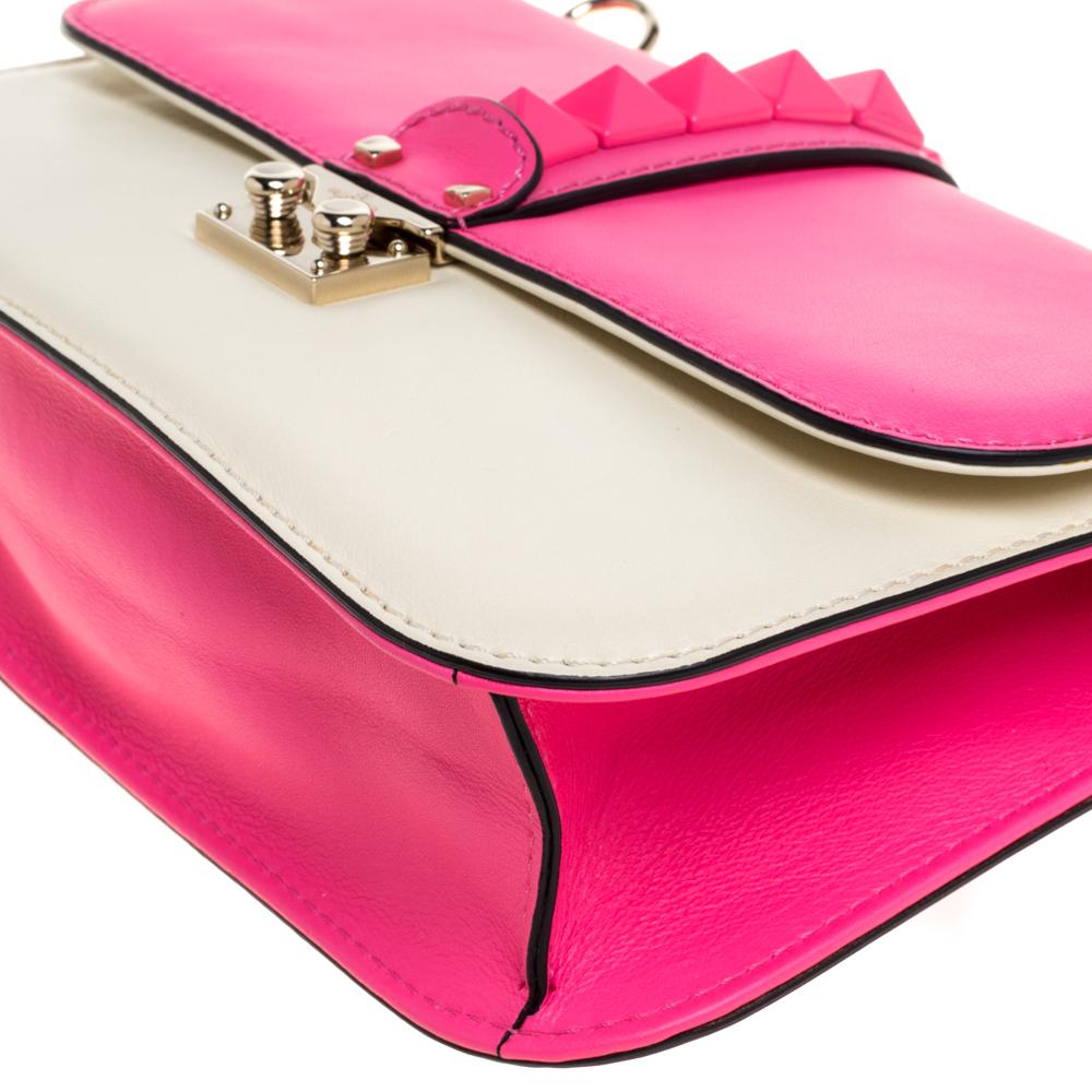 Valentino Neon Pink/White Leather Rockstud Medium Glam Lock Flap Bag 2