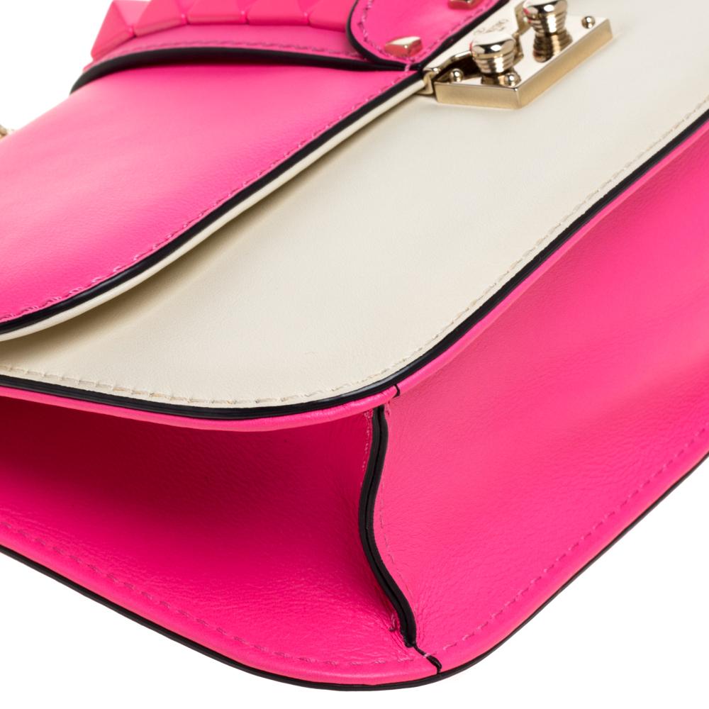 Valentino Neon Pink/White Leather Rockstud Medium Glam Lock Flap Bag 4