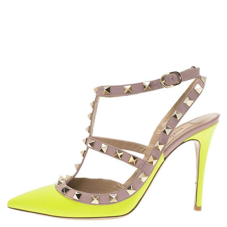 Valentino Neon Yellow and Beige Leather Rockstud Sandals Size 36.5 For ...