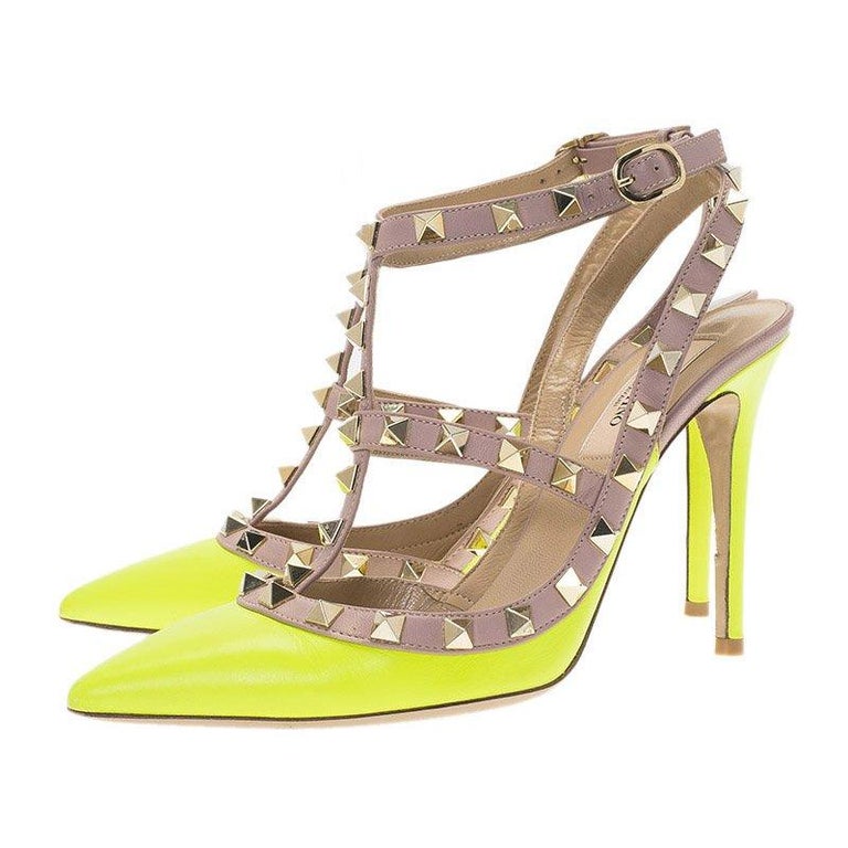Valentino Neon Yellow and Beige Leather Rockstud Sandals Size 36.5 For Sale  at 1stDibs