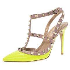 Valentino Neon Yellow and Beige Leather Rockstud Sandals Size 36.5