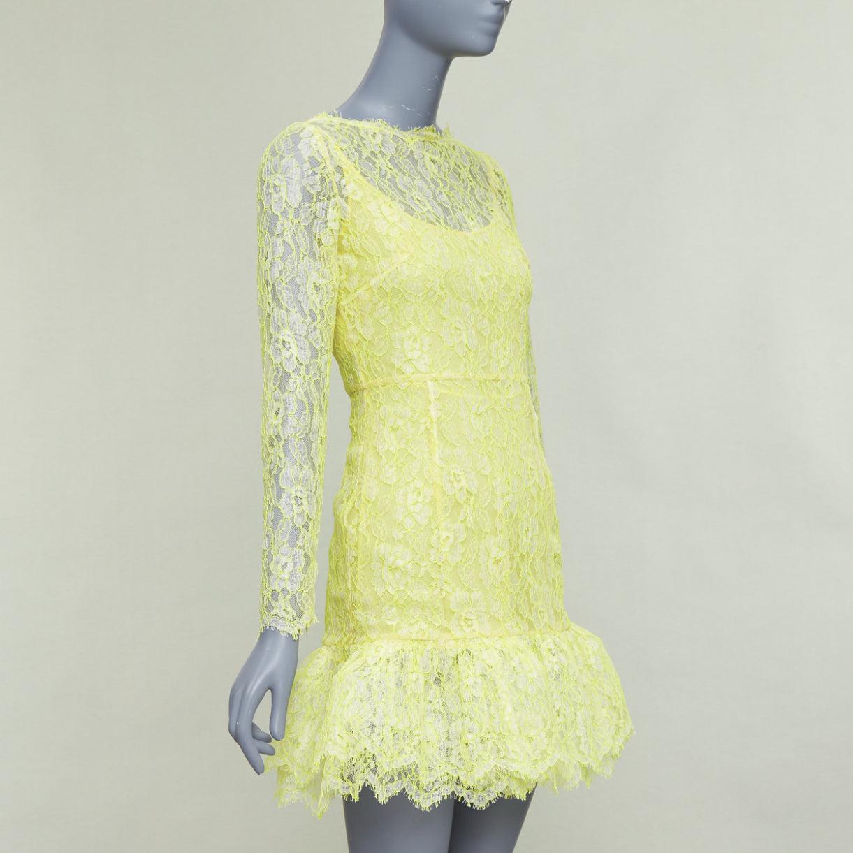 VALENTINO neon yellow cream lace silk lined tulle trim mini dress (Weiß) im Angebot