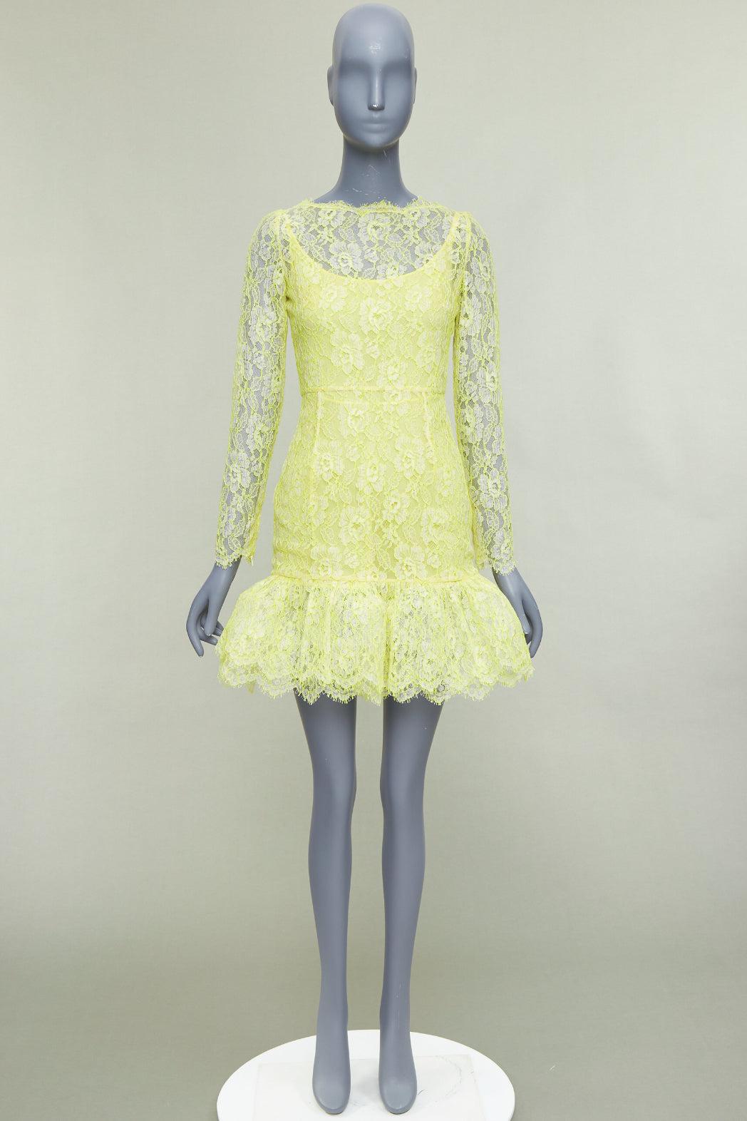 VALENTINO neon yellow cream lace silk lined tulle trim mini dress im Angebot 5