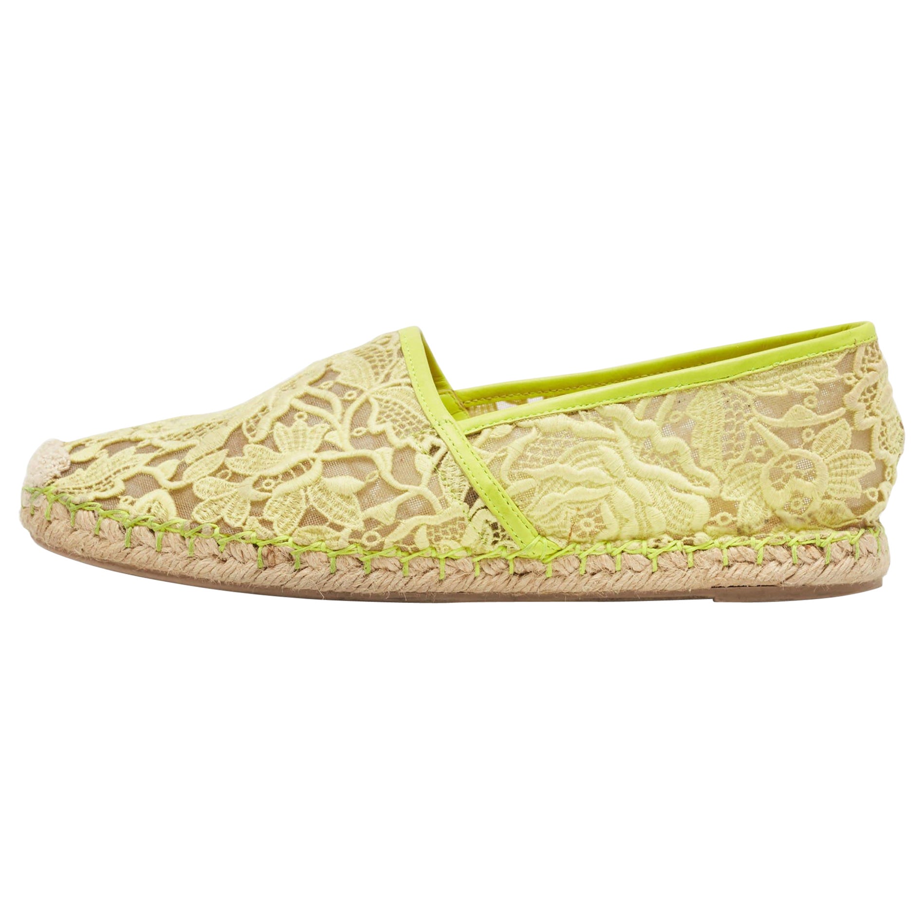 Valentino Neon Yellow Lace and Leather Espadrille Flats Size 39