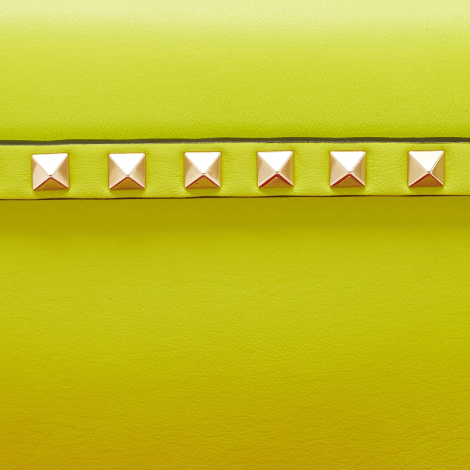 Valentino Neon Yellow Leather Rockstud Flap Wristlet Clutch 3
