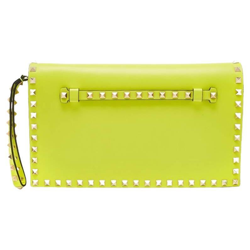 Valentino Neon Yellow Leather Rockstud Flap Wristlet Clutch