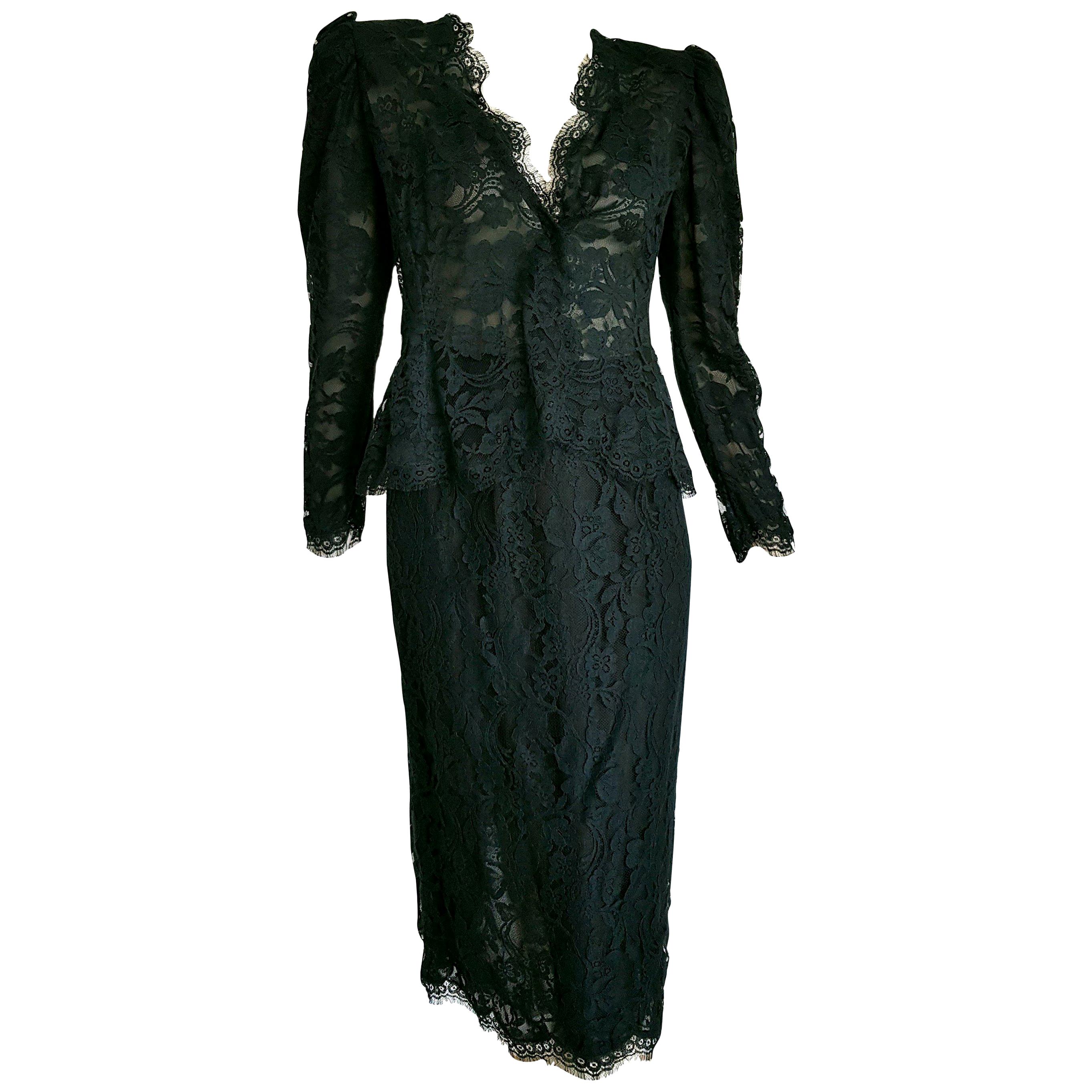 VALENTINO black lace, flowers designs, slightly transparent the jacket, silk skirt suit - Unworn, New.
..
SIZE: equivalent to about Small / Medium, please review approx measurements as follows in cm. 
JACKET: lenght 56, chest underarm to underarm