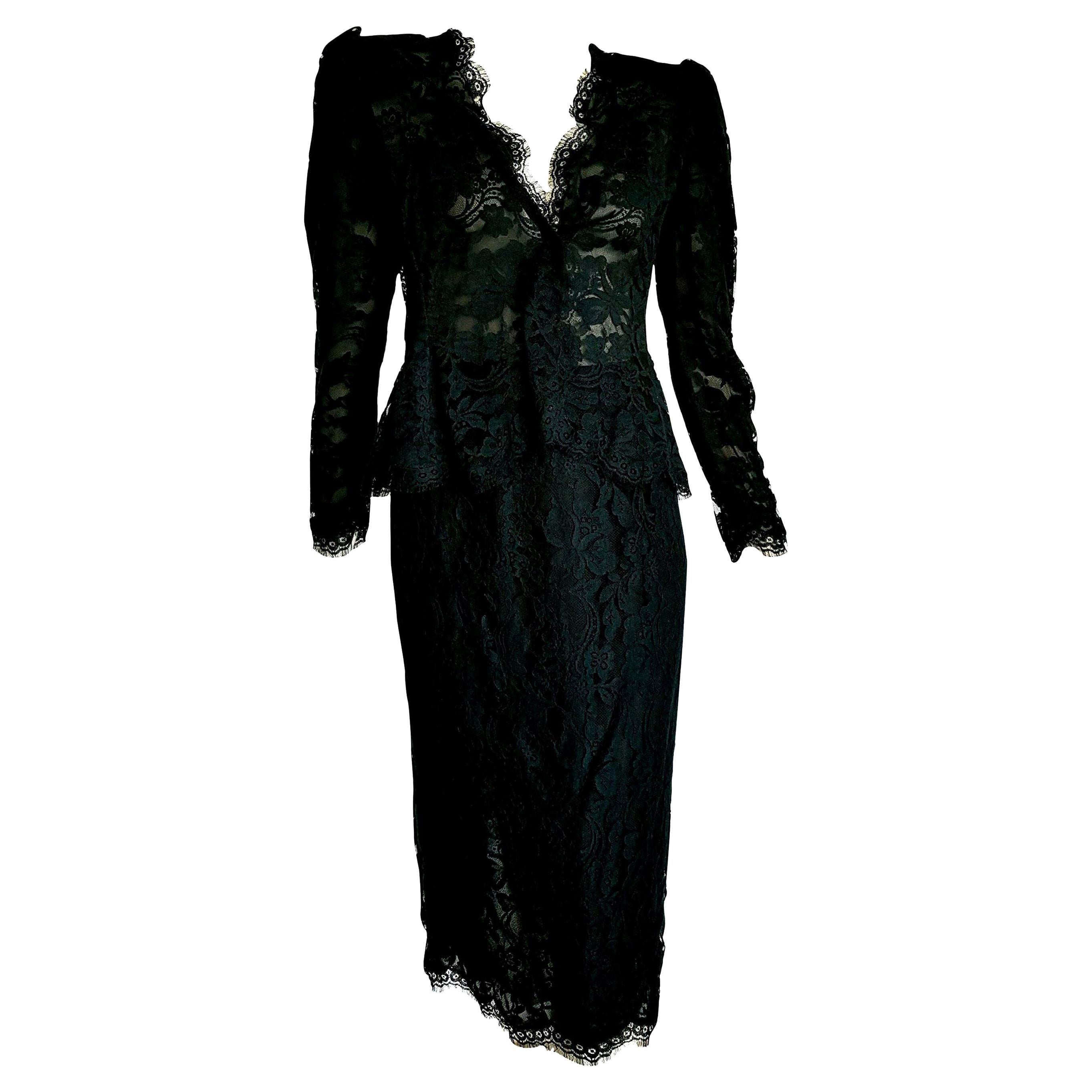 VALENTINO "New" Black Lace Slightly Transparent Jacket Silk Skirt Suit - Unworn For Sale