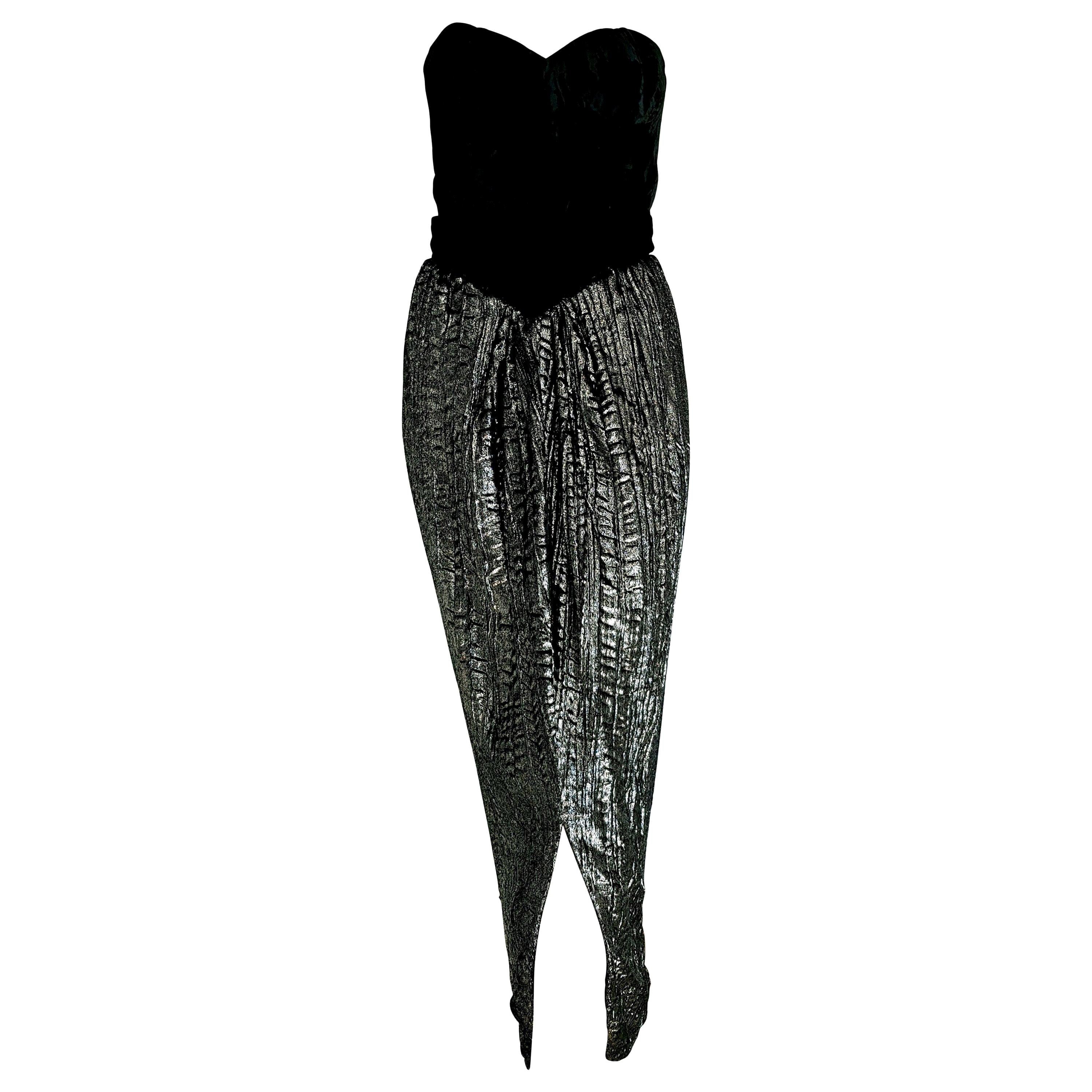 VALENTINO "New" Black Velvet Corsage Striped Shirt Lamé Silk Skirt - Unworn For Sale