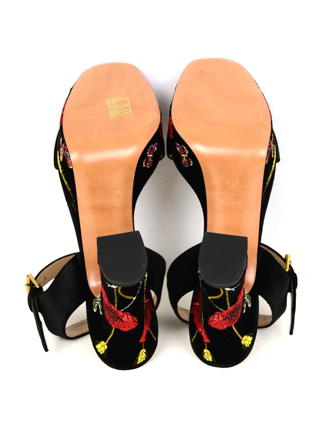 Valentino NEW Black Velvet Floral Embroidered Ankle Strap Sandals Sz 39 rt $1095 1