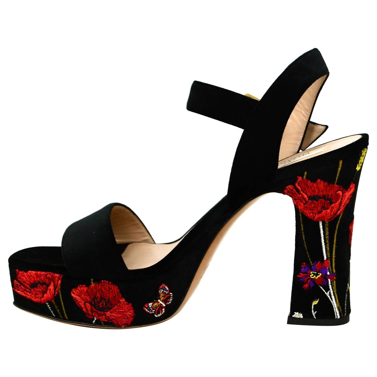Valentino NEW Black Velvet Floral Embroidered Ankle Strap Sandals Sz 39 rt $1095