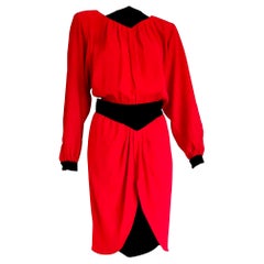VALENTINO "New" Black Velvet Waistband Collar and Cuffs Silk Red Dress - Unworn