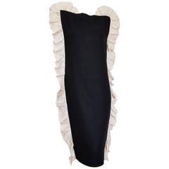 VALENTINO "New" Black Vertical Wavy White Edges Linen and Silk Dress - Unworn
