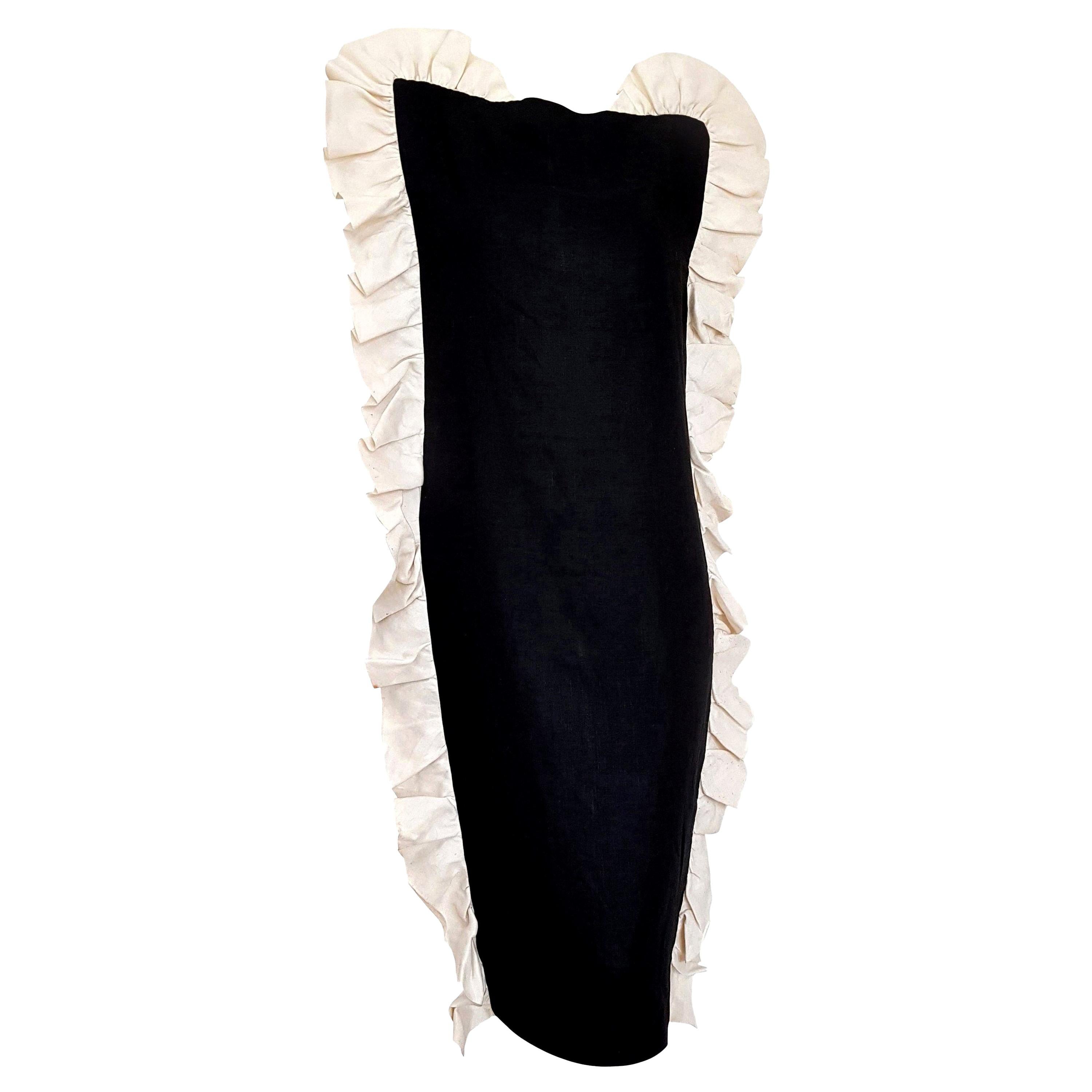 VALENTINO "New" Black Vertical Wavy White Edges Linen and Silk Dress - Unworn For Sale