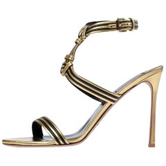 Valentino NEW Gold Black Leather Ankle Wraparound Evening Sandals Heels in Box