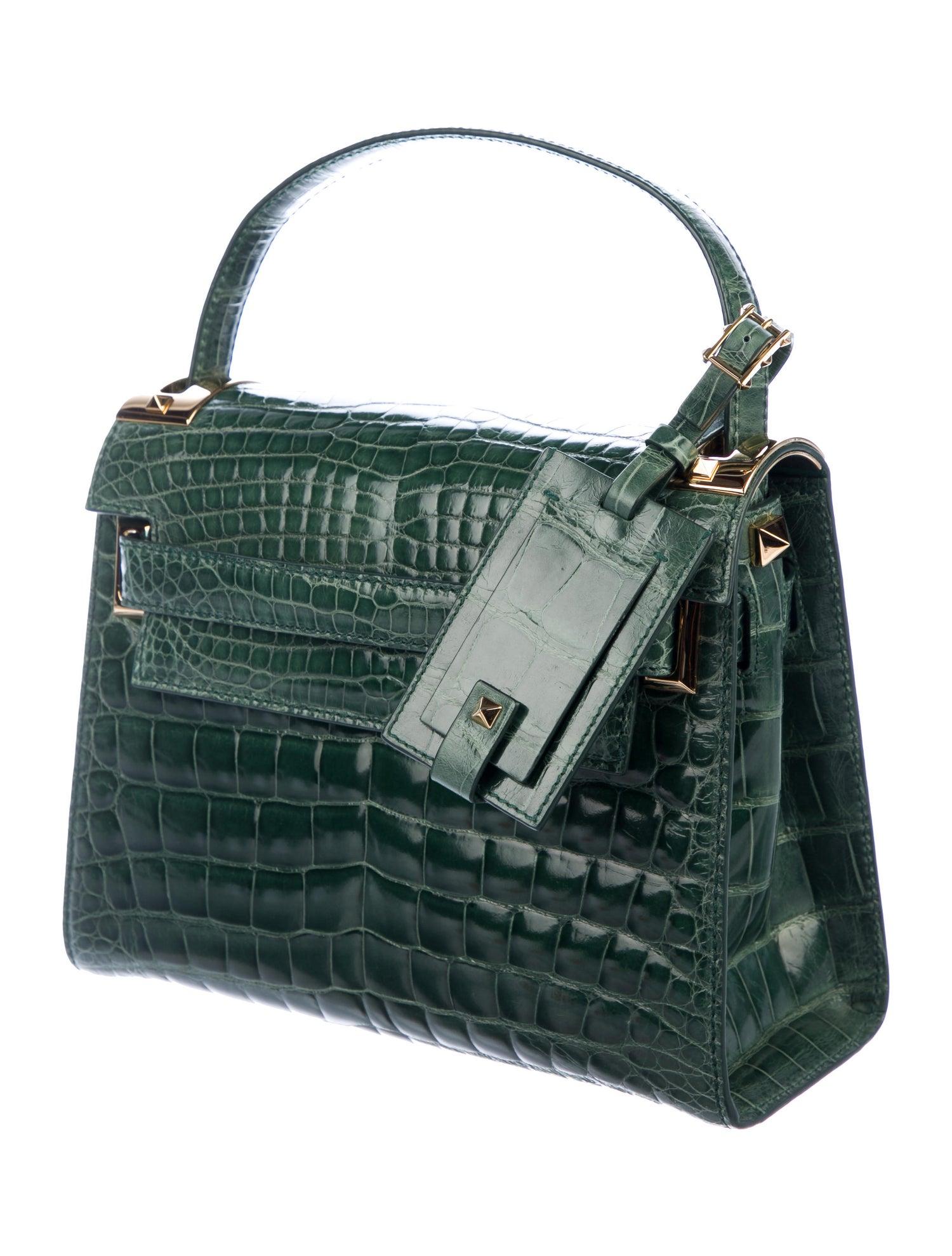 Valentino NEW Green Alligator Exotic Leather Gold Stud Top Handle Kelly Style Satchel Shoulder Bag

Alligator 
Gold-tone hardware
Suede lining
Magnetic flap closure
Made in Italy
Handle drop 4