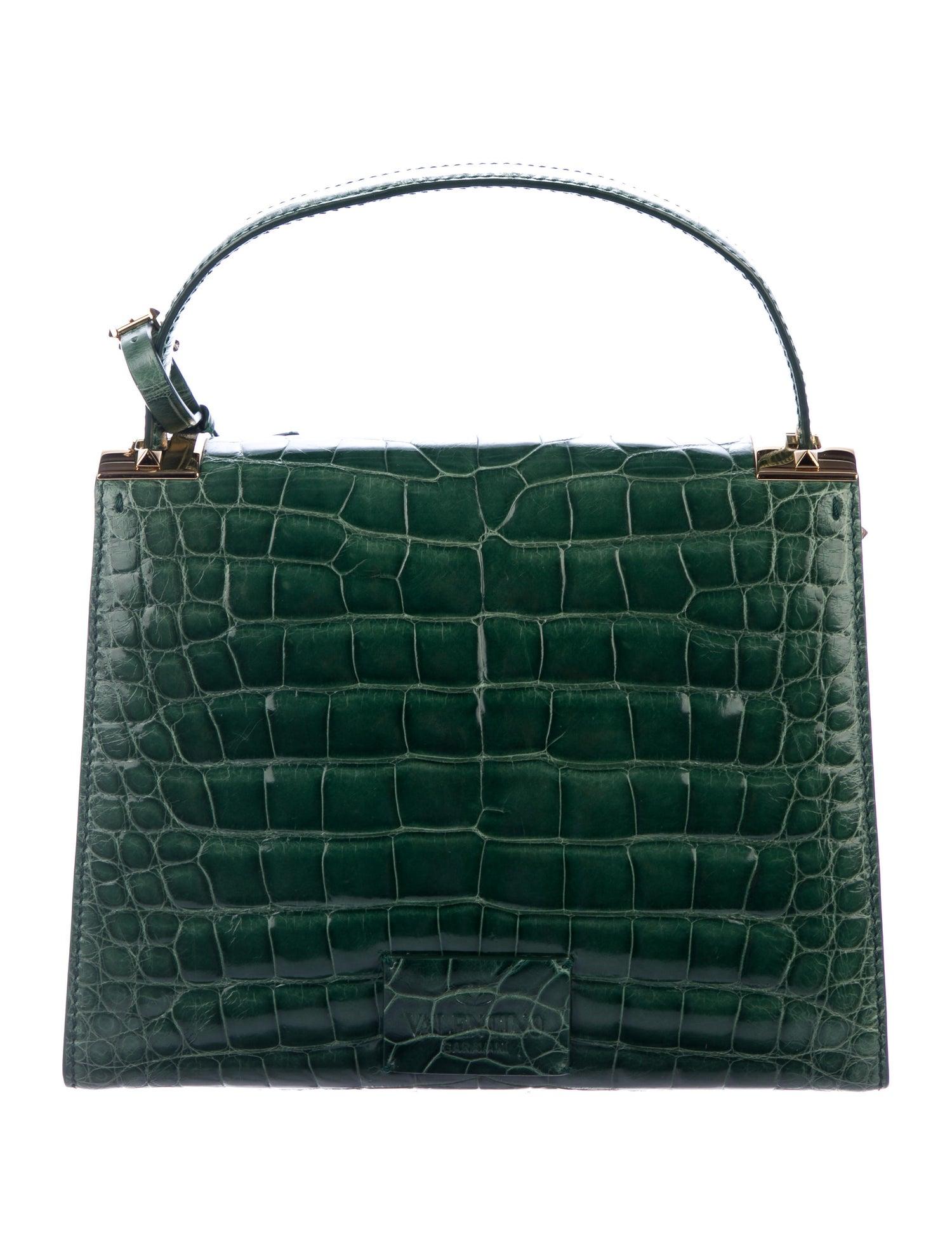 Black Valentino NEW Green Alligator Exotic Leather Gold Top Handle Kelly Style Satchel