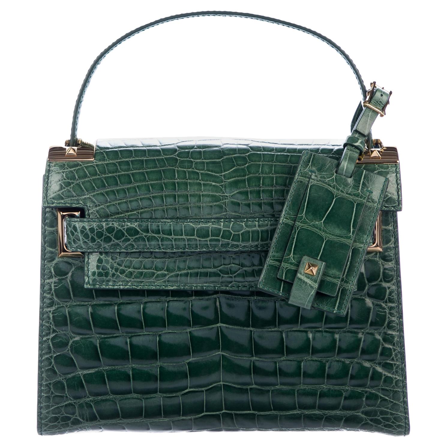 Valentino NEW Green Alligator Exotic Leather Gold Top Handle Kelly Style Satchel