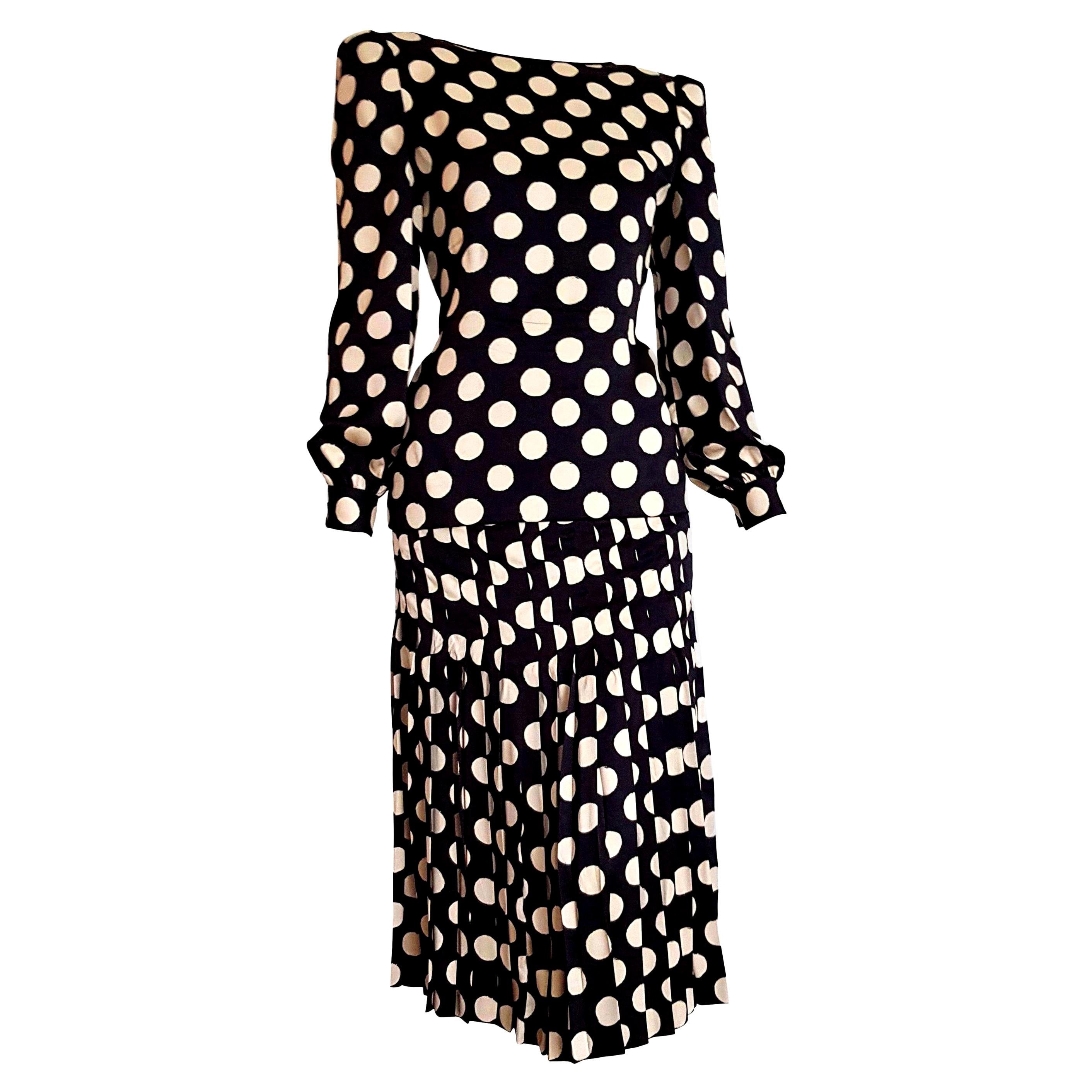 VALENTINO "New" Haute Couture Black Silk White Polka Dots Flower on Back- Unworn For Sale