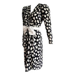VALENTINO "New" Haute Couture Black White Tulips Belt Silk Dress - Unworn