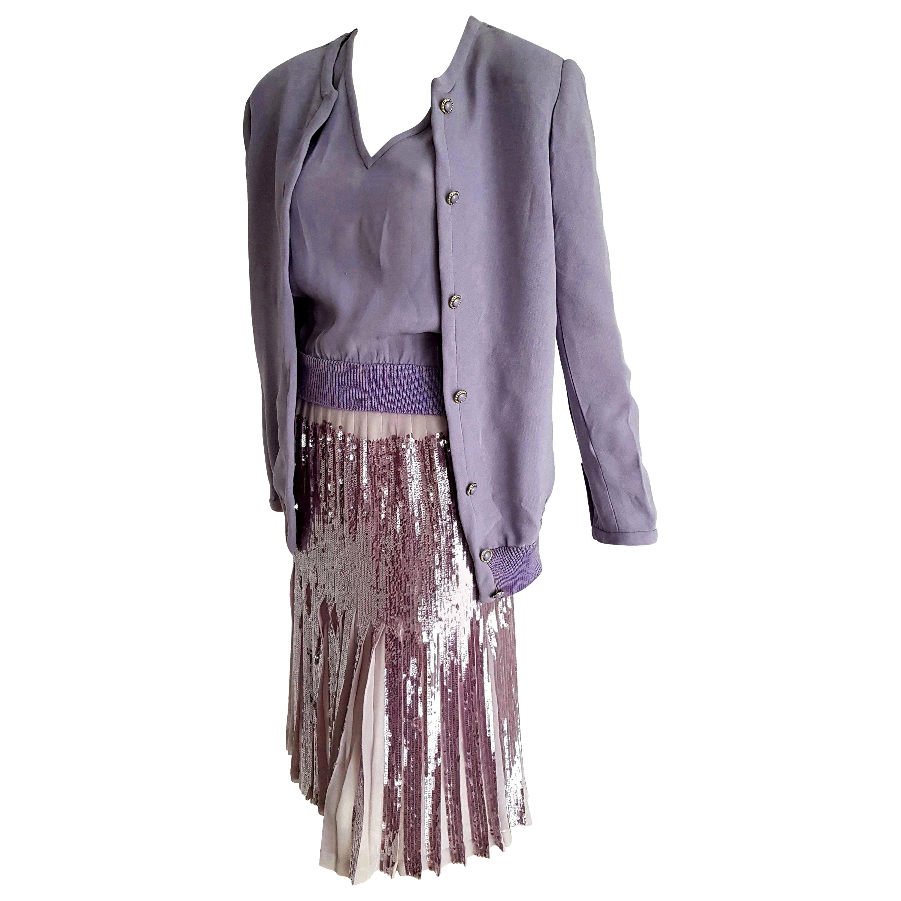 VALENTINO "New" Haute Couture Lilac Top Jacket Pleated Skirt Sequins Silk-Unworn For Sale