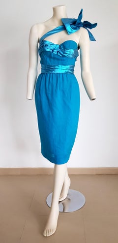 VALENTINO "New" Haute Couture One Shoulder Strap Turquoise Silk Dress - Unworn