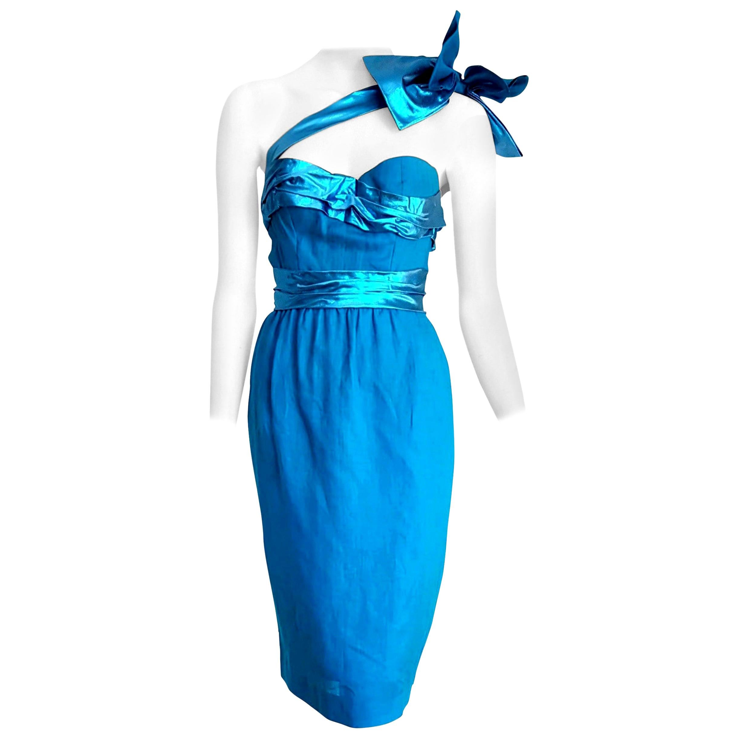 VALENTINO "New" Haute Couture One Shoulder Strap Turquoise Silk Dress - Unworn For Sale